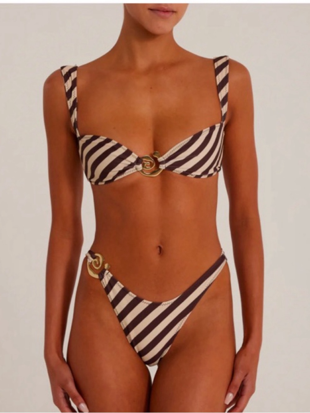 Striped Brown & Cream Bikini Set with Gold Ring Accents - Women’s Same Swim